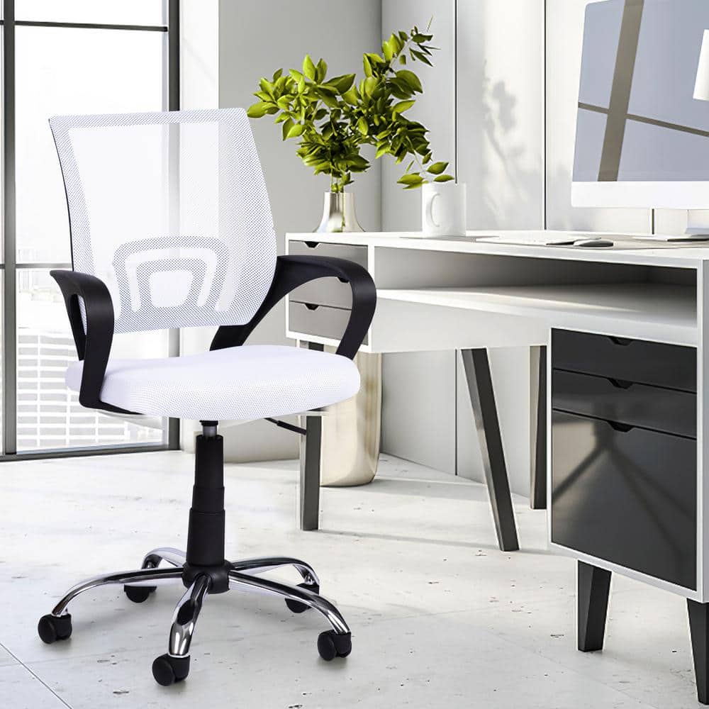 White Mid-Back Mesh Swivel Rolling Office Chair with Adjustable Height - Thumbnail 3