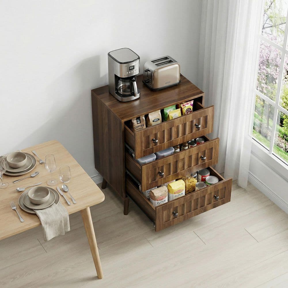 Walnut MDF Wood 3-Drawer 23.62 in. W Chest of Drawers, Wooden Storage Cabinet