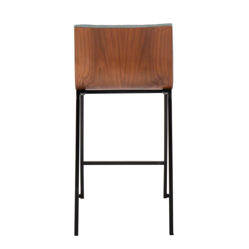 Green Upholstered Walnut Wood and Metal Counter Stools, Set of 2