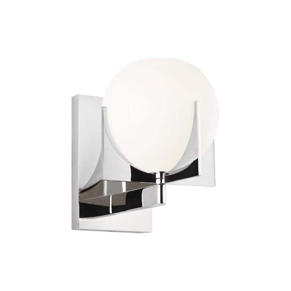 Generation Lighting Abbott 4.5 in. Polished Nickel Mid-Century Modern Wall Sconce with Round Milk Glass Shade