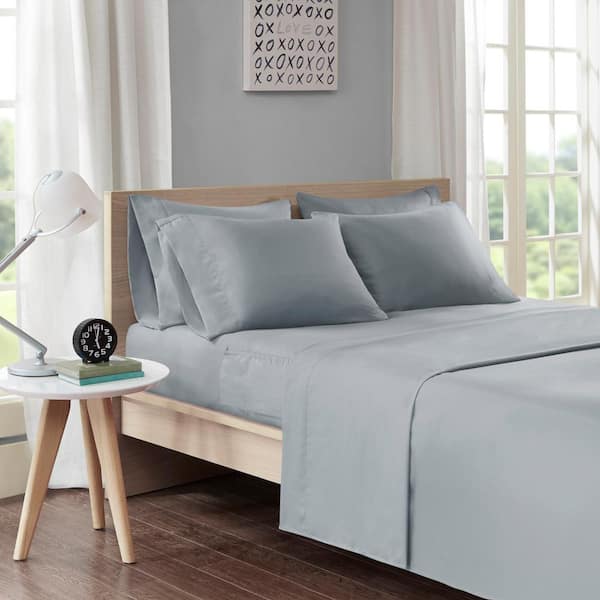 Intelligent Design Microfiber 6-Piece Grey Solid Microfiber Full Sheet Set with Side Storage Pockets