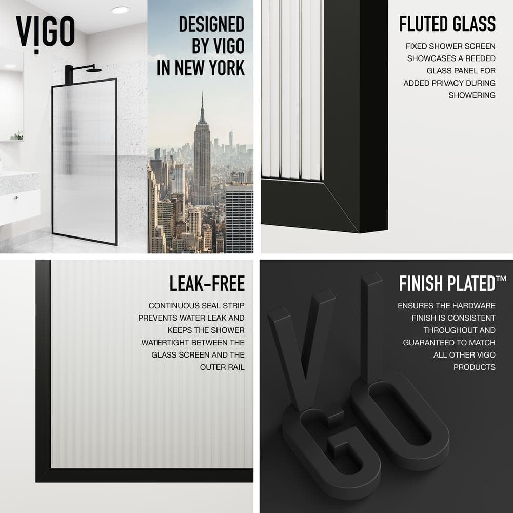 Meridian Matte Black Fluted Glass Shower Screen 34" x 74"