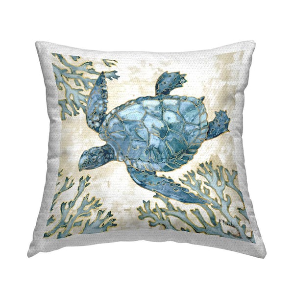 Blue Swimming Sea Turtle Coral Outline Blue Square Outdoor Throw Pillow
