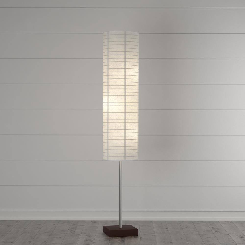 White Rice Paper and Steel Floor Lamp with Wooden Base