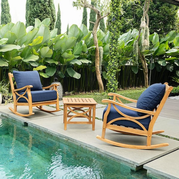 Cambridge Casual Abbington 3-Piece Teak Patio Rocker Conversation Set with Navy Cushion