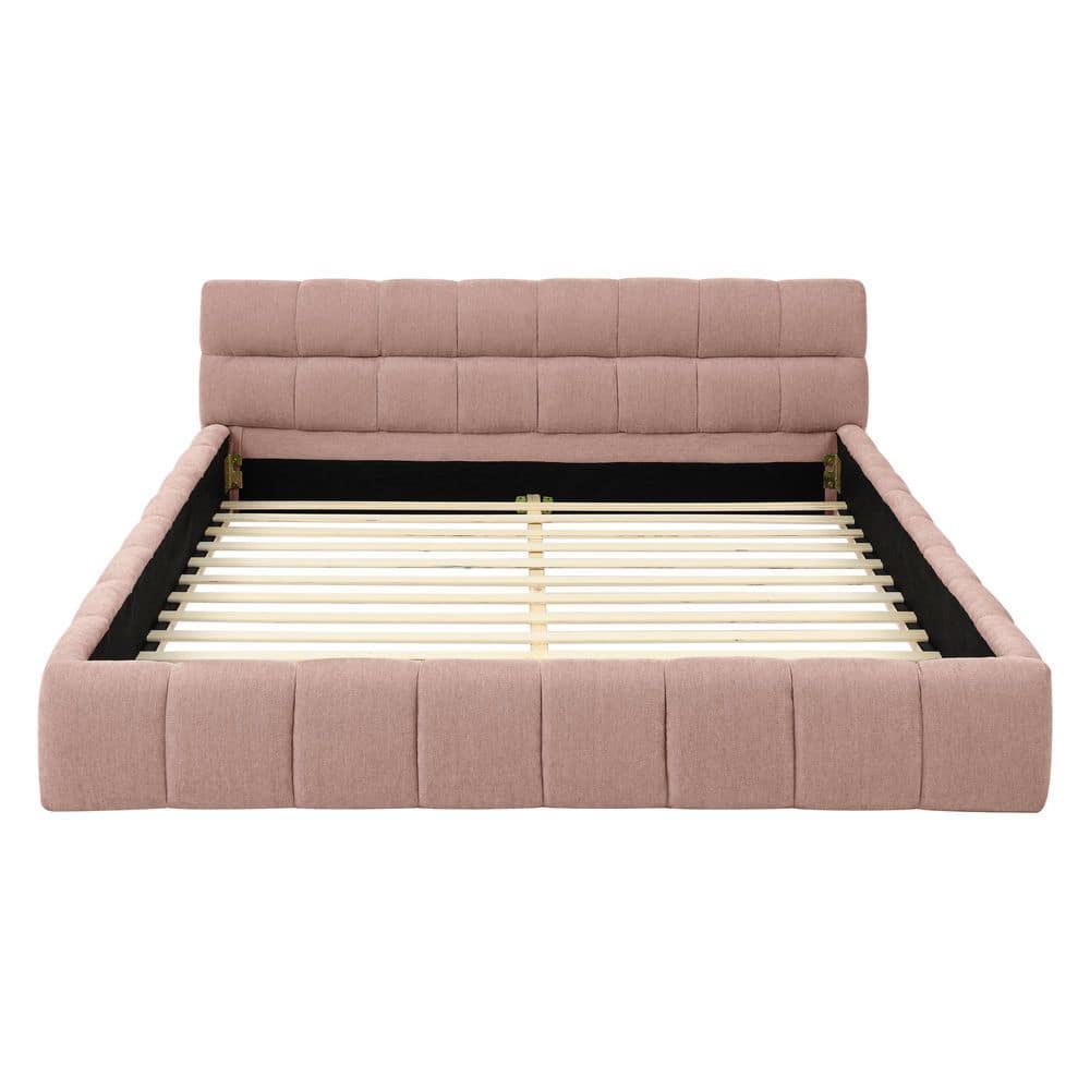 Elfin Beige Wood Frame Queen Size Platform Bed with Chenille Upholstered Headboard - thumbnail 2