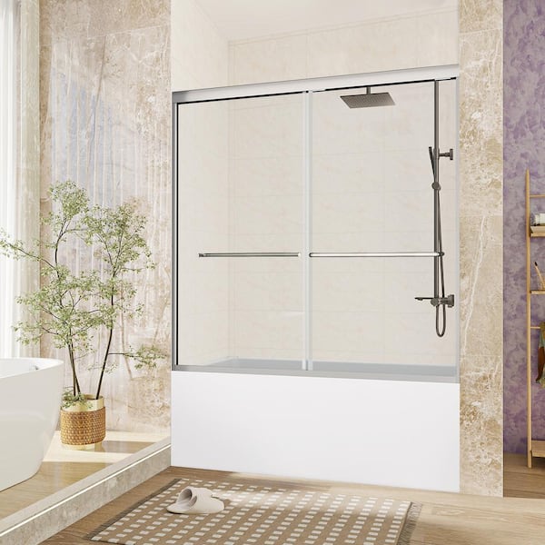 ANGELES HOME 56 in. - 60 in. W x 58 in. H Double Sliding Framed Bathtub Shower Door with 1/4 in. Tempered Glass, Easy Install, Chrome