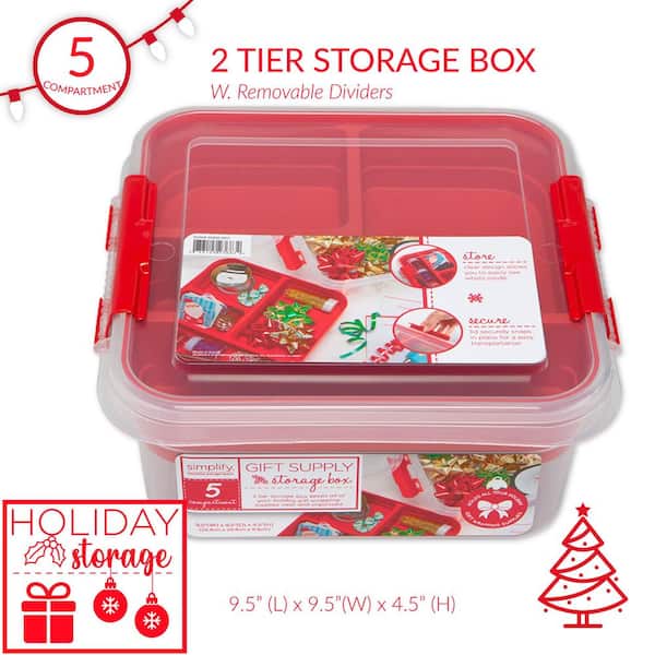 Simplify 5 Compartment Gift Supply Plastic Storage Box, Red