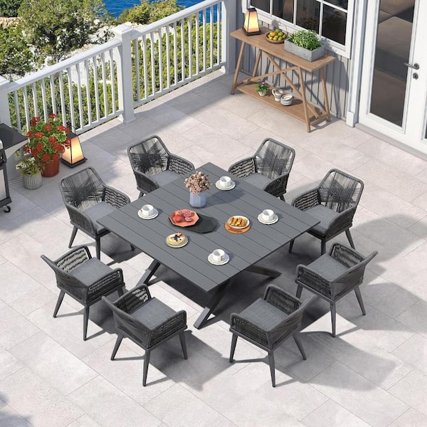 PURPLE LEAF 9-Piece Aluminum All-Weather PE Rattan Square Outdoor Dining Set with Cushion, Grey