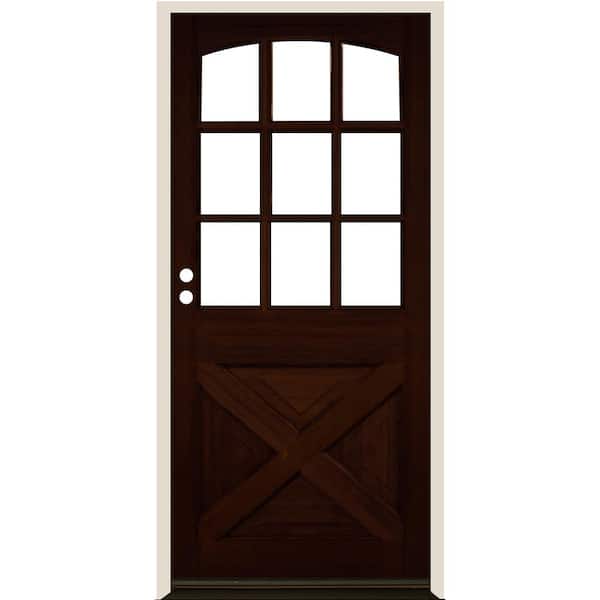 Krosswood Doors 36 in. x 80 in. Farmhouse X Panel RH 1/2 Lite Clear Glass Red Mahogany Stain Hemlock Prehung Front Door