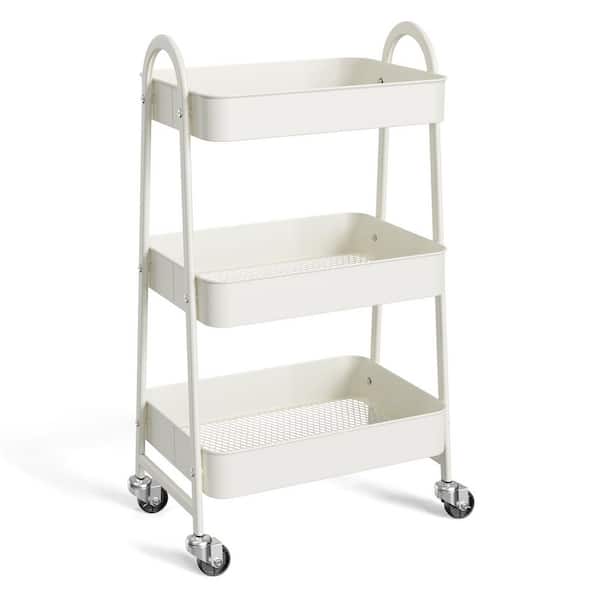 3-Tier White Metal Rolling Cart, Utility Storage Organizer Kitchen Trolley for Bathroom, Laundry Room, Office