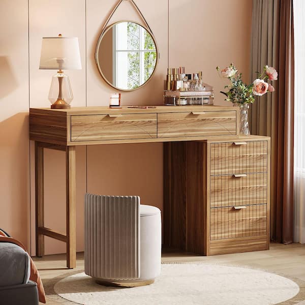 BYBLIGHT Vintage Walnut Brown Dressing Makeup Vanity Desk with 5-Drawers  for Bedroom, Living Room BB-RY0242VTGX