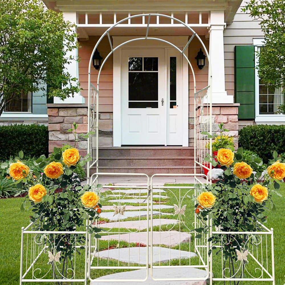 Clihome 86.6 in. H Metal Garden Arch Trellis with Gate Climbing Plants ...