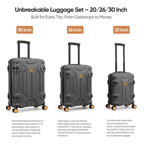 HIKOLAYAE 3 Piece Dark Grey ABS Unbreakable Hardside Spinner