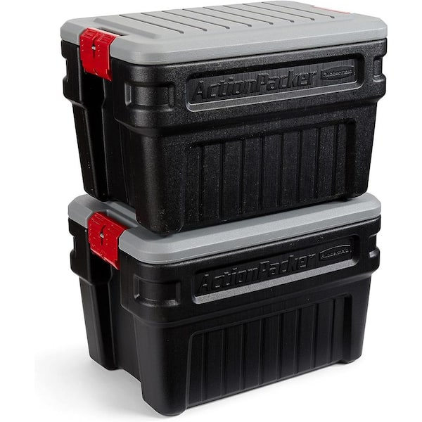 Rubbermaid action packer tote with lid full of three ring Binders