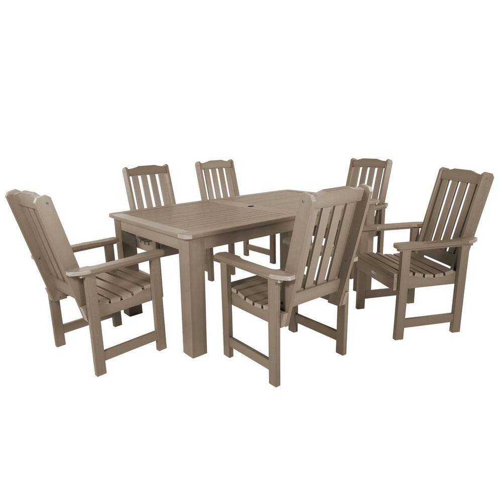 A taupe 7-piece outdoor dining set with a rectangular table and six chairs.