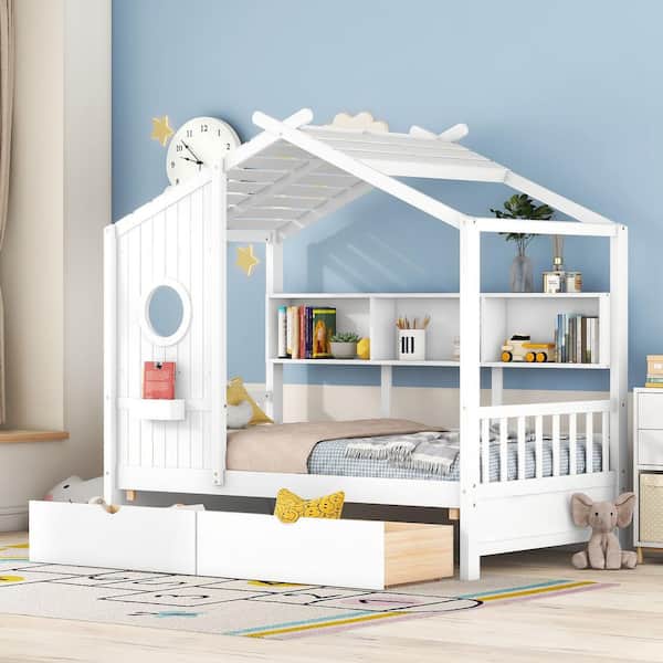 Saxton White Twin Size Wooden Kids House Bed with 2-Drawers, Platform Bed with Storage Shelf