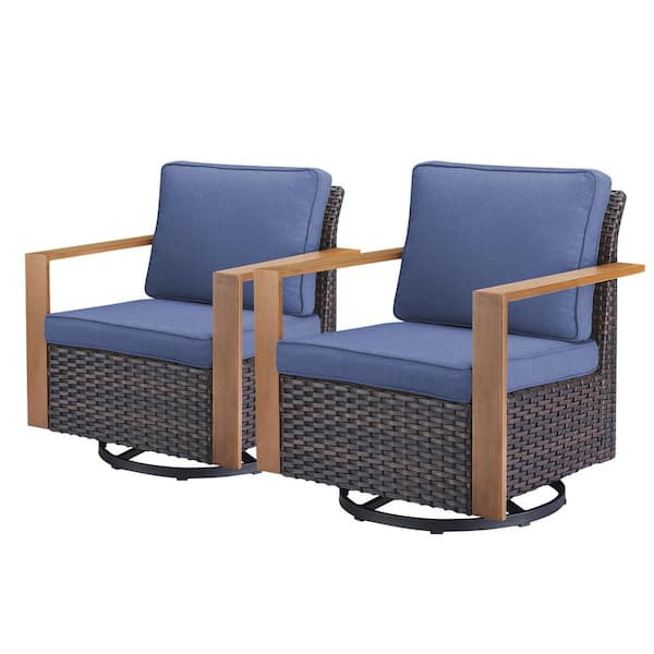 Rectangular Framed Armrest Swivel Brown Wicker Outdoor Rocking Chair with CushionGuard Blue Cushions Patio (Set 2-Pack)