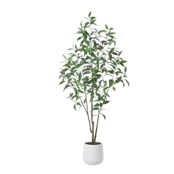 DR.Planzen 6 ft. Faux Eucalyptus Tree with Round White Planter, Pre Potted Fake Eucalyptus Plant for Home Decor