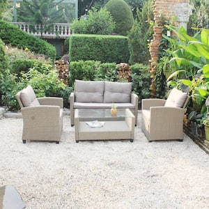 Versailles Light Brown Grey Multi-Color 4-Piece Wicker Patio Conversation Seating Set with Light Brown Cushions