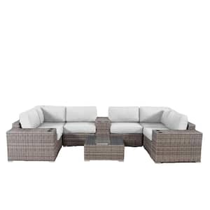Gray 10-Piece PE Rattan and Plastic Wicker Outdoor Sectional Set with Sunbrella Gray Cushions, Side Table, Cup Holders