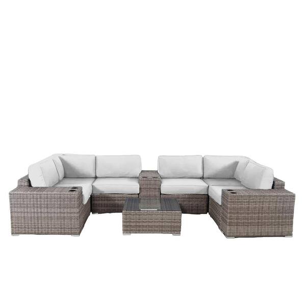 ITOPFOX Gray 10-Piece PE Rattan and Plastic Wicker Outdoor Sectional Set with Sunbrella Gray Cushions, Side Table, Cup Holders