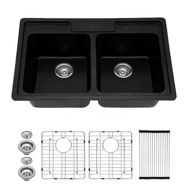 33 × 22 in. Drop-in 2-Hole 50/50 Double Bowl Granite/Quartz Composite Topmount Kitchen Sink in Matte Black