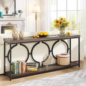 Catalin 71 in. Rustic Brown Rectangle Wood Console Table with Storage,  2-Tier Long Narrow Bar Table Behind Couch Sofa