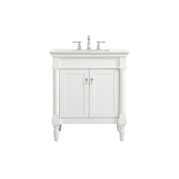 Unbranded Simply Living 30 in. W x 21.5 in. D x 35 in. H Bath Vanity in Antique White with Ivory White Engineered Marble
