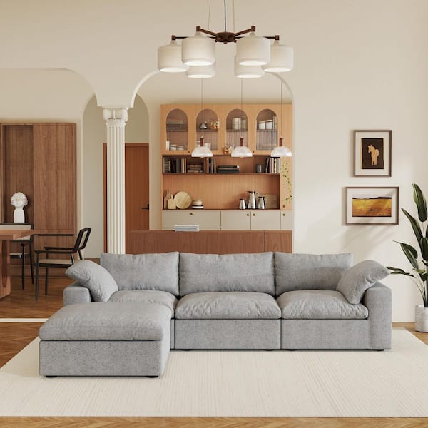 118 in. Square Arm 4-Piece Microfiber L-Shaped Sectional Sofa Cloud Couch in. Gray with Storage Ottoman, Washable Covers