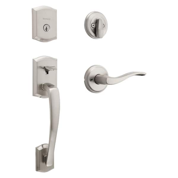 Prescott Single Cylinder Door Handleset w/Sedona Handle featuring SmartKey Security in Satin Nickel