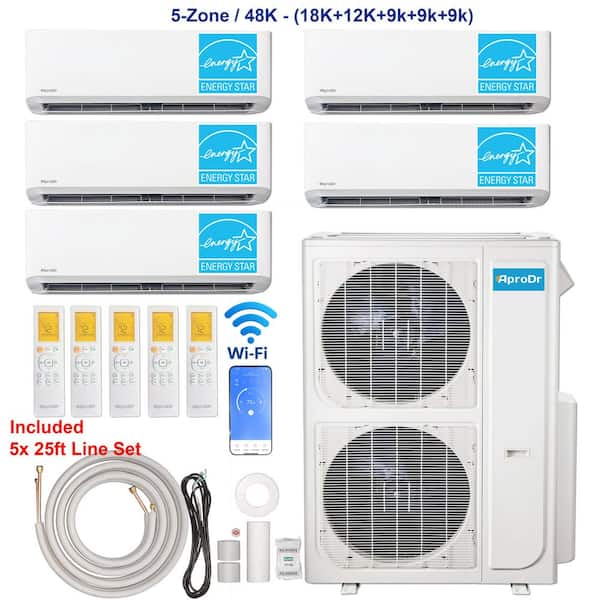 5-ZoneEnergy Star Wi-Fi 48,000 BTU 230V 21 SEER2 Mini Split AC w/Heat Pump 18K-12K-9K-9K-9K BTU Heads 25 ft. Lineset x 5