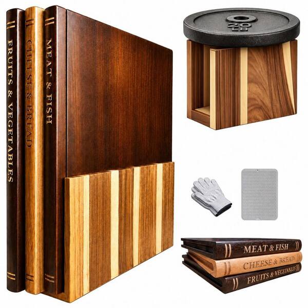 3-Piece Natural Acacia Wood Cutting Board Set with Stand, Warm Finish Kitchen Set with Non-Slip Mat and Gloves