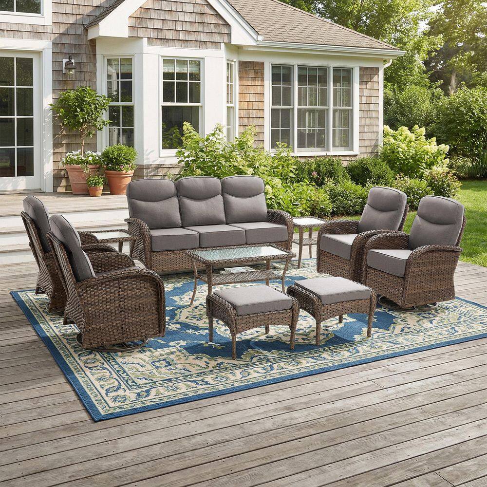 Moonridge 10-Piece Brown Wicker Patio Conversation Set with 6 in. Olefin Gray Cushions/Patio Swivel Chair with Sofa price history on PriceWatchPro