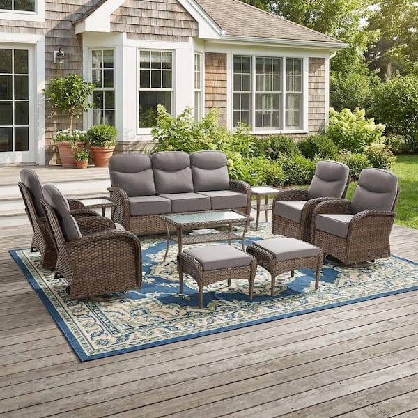 Moonridge 10-Piece Brown Wicker Patio Conversation Set with 6 in. Olefin Gray Cushions/Patio Swivel Chair with Sofa