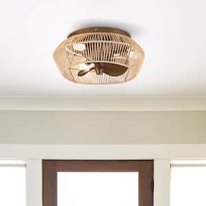 13.5 in Indoor Antique Brushed Gold Cage Flush Mount Ceiling Fan with Light and Remote Control