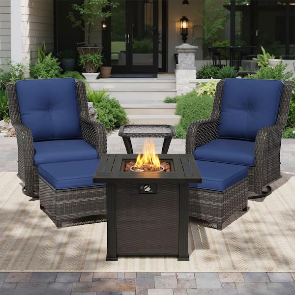 6-Piece Wicker Patio Fire Pit Conversation Sets with Dark Blue Cushions 2 Chairs, 2 Ottomans, 1 Table and 1 Fire Pit