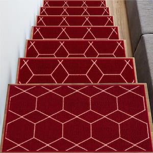 Hexagon Design Red Color 8.5 in. x 26 in. Polyamide Stair Tread Cover Set of 13