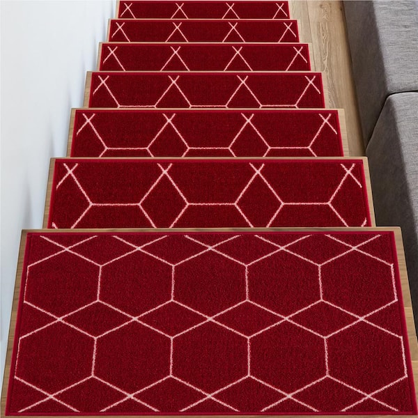 Hexagon Design Red Color 8.5 in. x 26 in. Polyamide Stair Tread Cover Set of 13