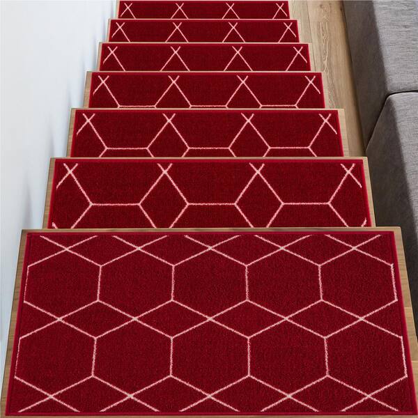 Hexagon Design Red Color 8.5 in. x 26 in. Polyamide Stair Tread Cover 1 Piece