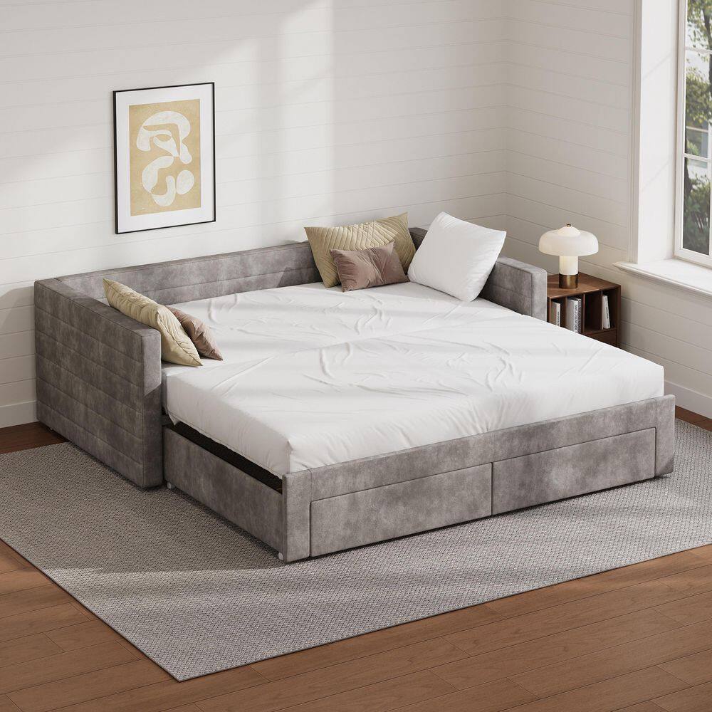 Gray Twin Extendable Upholstered Daybed with Trundle, Sofa Bed with Storage Drawers