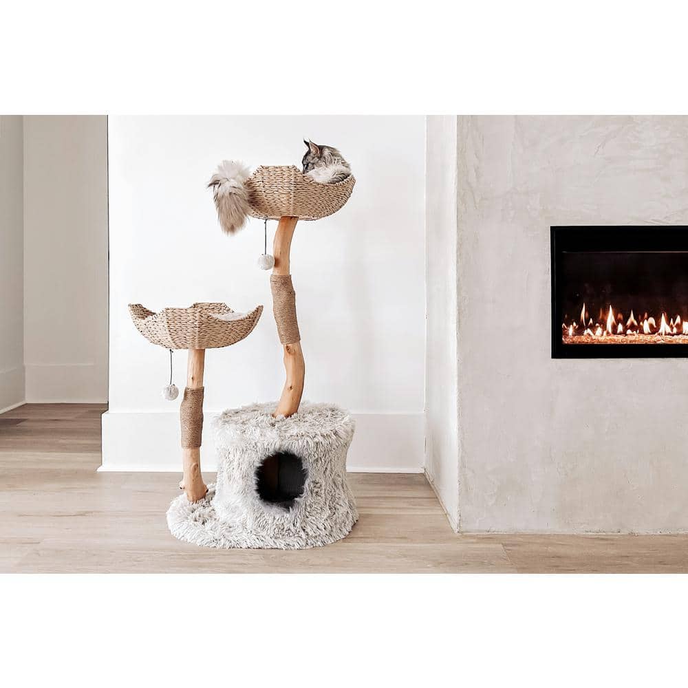 Handmade Grey Woven Rattan and Wood Cat Tree