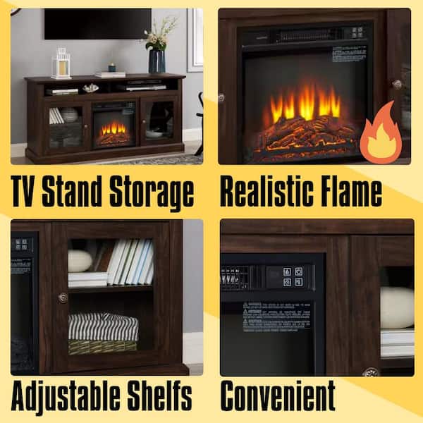 60 in. Freestanding Wooden TV Stand with Electric Fireplace Insert, Open and Closed Storage Space, Brown