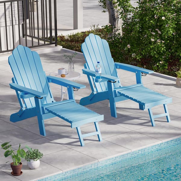 JOYESERY Lake Blue Folding Adirondack Chair with Retractable Ottoman, HIPS Adirondack Chair with Cup Holder (Set of 2)