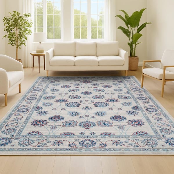 JONATHAN Y Modern Persian Vintage Moroccan Traditional Ivory/Blue/Red 4 ft. x 6 ft. Area Rug