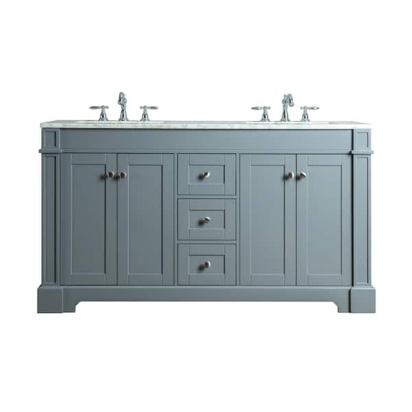 stufurhome Seine 60 in. W x 22 in. D Bath Vanity in Gray with Marble Vanity Top in Carrara White with White Basin