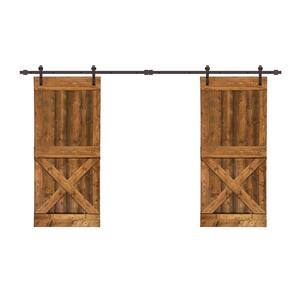 MIniX Series 76 in. x 84 in. Pre-Assembled Walnut Stained Wood Interior Double Sliding Barn Door with Hardware Kit
