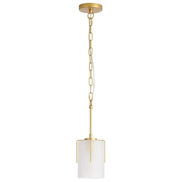 Adjustable Height 18.5-60 in. Gold 1-Light Pendant Light with White Frosted Glass Cylinder Shade, E26 Bulb Not Included