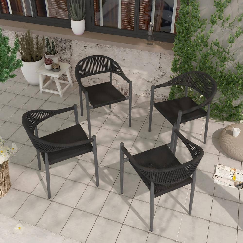 TWT 4-Piece Black Stackable Outdoor Hand-Woven Wicker Arm Dining