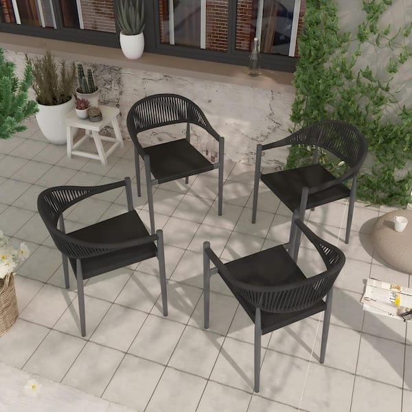 4-Piece Black Stackable Outdoor Hand-Woven Wicker Arm Dining Chair Bistro Chair, Aluminum Frame with Textilene Cushion